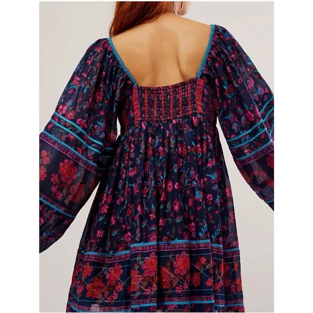 Free people endless afternoon Floral Square-Neck Mini Dress in Navy and Pink